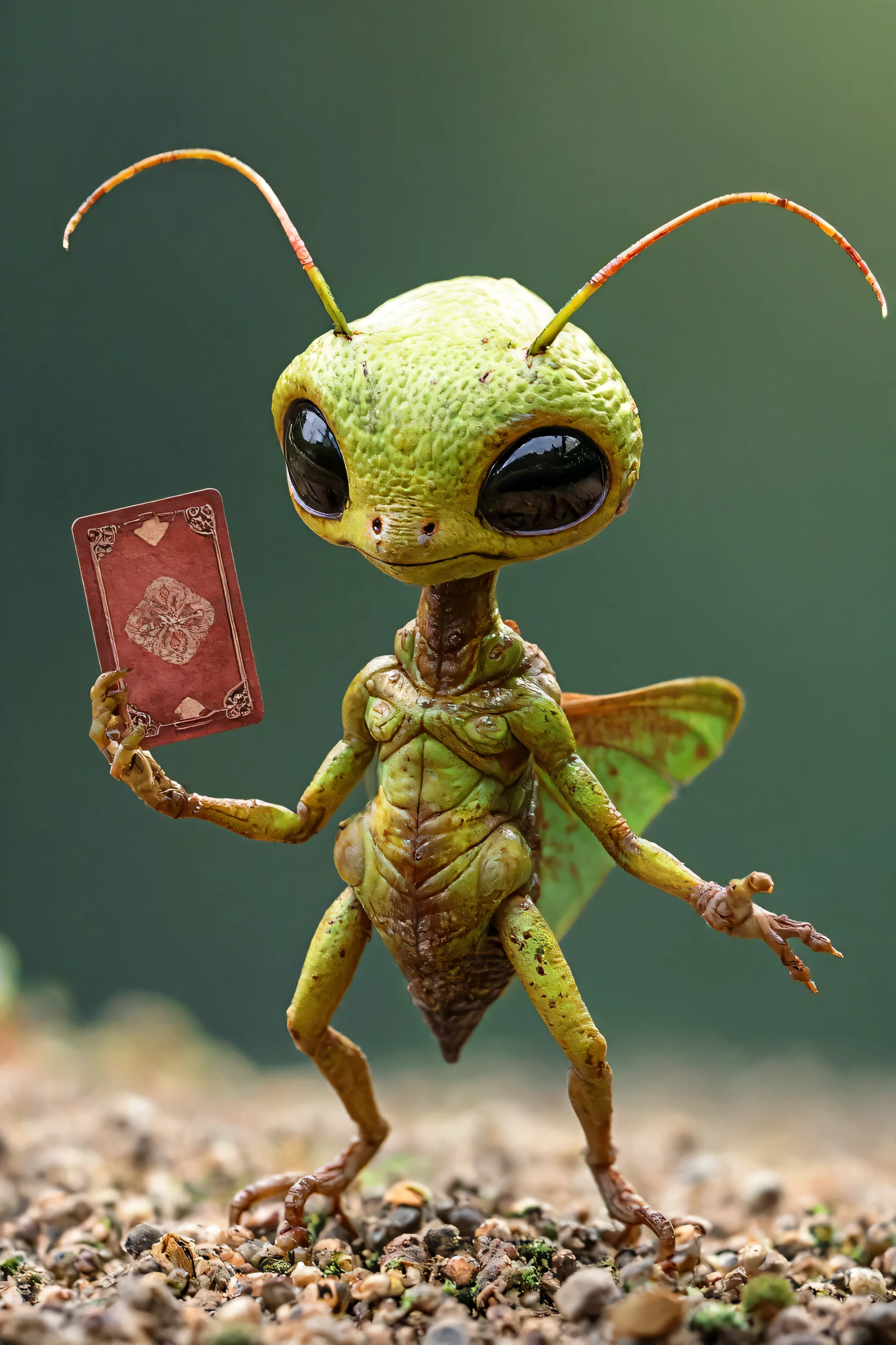 full body, small disgusting monster alien insect, holding one paying card, funny