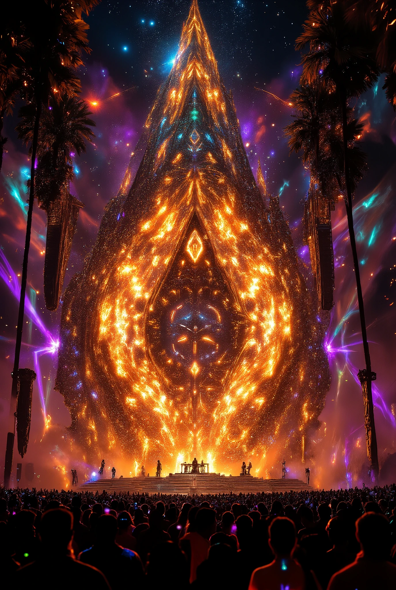 Inspired by Galactic Forge / Tropical Cyber / Firefly Laser / Sweat Crystallization / Doomsday Rose Fireworks
Multiplayer, Rock Festival, Rock Band, Electric Guitar, Drums, Microphone, Energetic Performance,
。 The scorching sun melts the gold stage, the giant geometric LED screen shatters into spots of light with the beat of electric music, and the fire-breathing device intertwines with dry ice, like a volcanic eruption crashing into the starry sky.
Fluorescent painted skin is steaming with sweat, tie-dyed yarn clothes are agitated with tropical storms, thousands of people hold up ice mist jets, and water splashes and neon paint rainbow explosion moments.
Coconut ice carts flow with electronic blue light, palm leaf projections sway on the ground into a cyber jungle, and fireworks pour from the stage dome to blast up shards of rose gold at the end of summer.
The neon laser network penetrates the summer night heatwave, the firefly drone swarm dances with the Milky Way, and the purple and orange gradient splashes ink in the sky, reflecting the crystal-textured aurora vortex.
70% futuristic psychedelic 30% primitive wildness - collide with the coldness of industrial metal with the heat of midsummer flesh and blood, and weld civilization and barbarism into the same carnival.