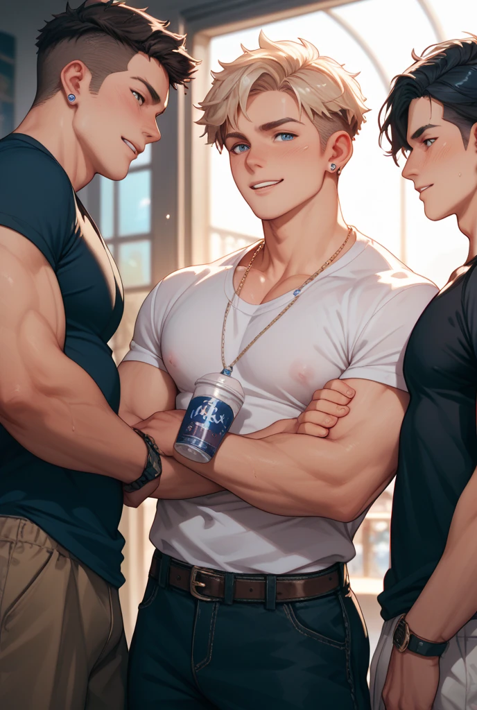 In the iconic art style of henry scott tuke, a hyperrealistic, meticulous illustration of a young, slim, and muscular blond boy with a strong display of leadership body language and perfectly detailed anatomy. He's illuminated by the warming sun, standing barefoot in the center of a victorian gentleman bar with many victorian men looking at him. The blong boy , with strong muscular legs, a peaceful gaze, and a subtly hidden smile, hints at his athleticism, wearing a swimmer's
