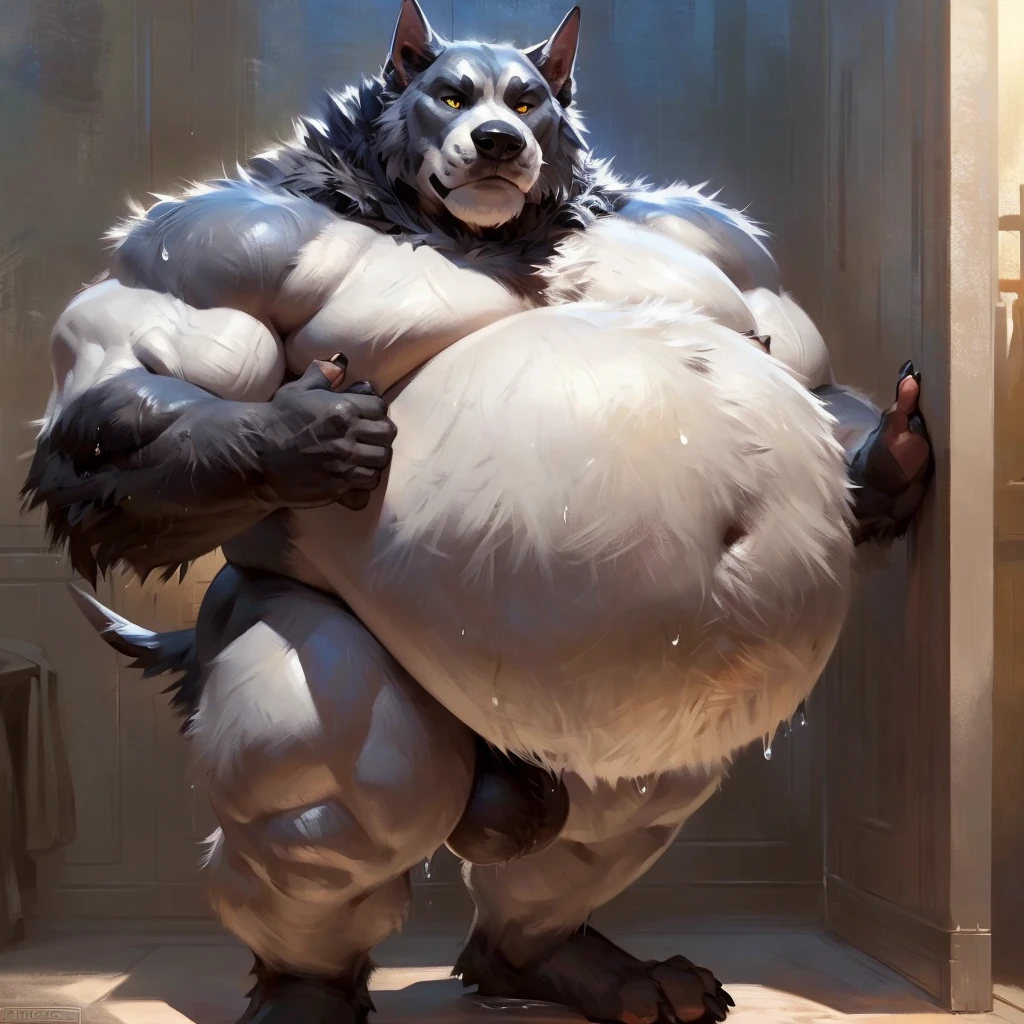 An unusually gargantuan anthropoid growing into immense body height in a small shower enclosure with small space around him, its hunched body filling the thight and small space around, its immense size allows him to push the ceiling floor, its huge and round belly is dominant; male,canine, anthropoid, dog, pitbull:1.4, (dark and thick grey and wet fur:1.8, thick furred body, fluffy fur, thick fur, wet fur, naked),( cut ears:1.0), big fluffy furred balls, chubby:1.2, round belly, huge belly, bloated belly, overweight belly, inflated belly, big body, wide and bulky body, immense and bulky body, thick neck and chest, (middle-age), (musclegut:1.4, thick body:1.2), (immense height, immense body height:1.8), (yellow eyes:1.2),detailed black eyes, looking at viewer, tail, ( full body:1.2), growing:1.6, immense grow, overgrown body size, (by darkgem),(by OnePotatoATime),(by adios:1.2),(by taran fiddler),4k,masterpiece,full hd, BREAK
