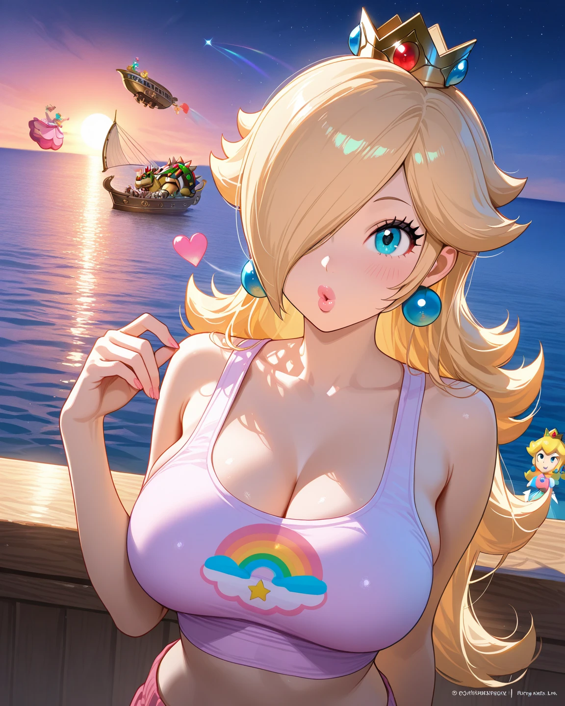 1girl princess_peach portrait sexy bikini, sexy swimsuit, navel outdoors diddy water, "Original Character, Volumetric Lighting, Best Shadows, Shallow Depth of Field, (Highest Quality, Amazing Details:1.25), Brilliant Colorful Paintings"