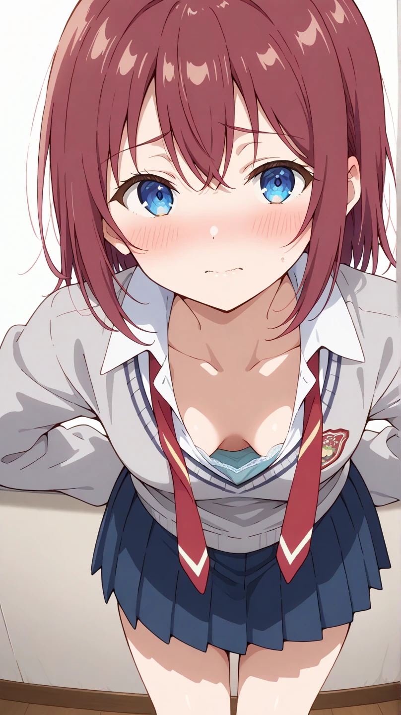 Naked teen with cat ears blue eyes red hair at a school 