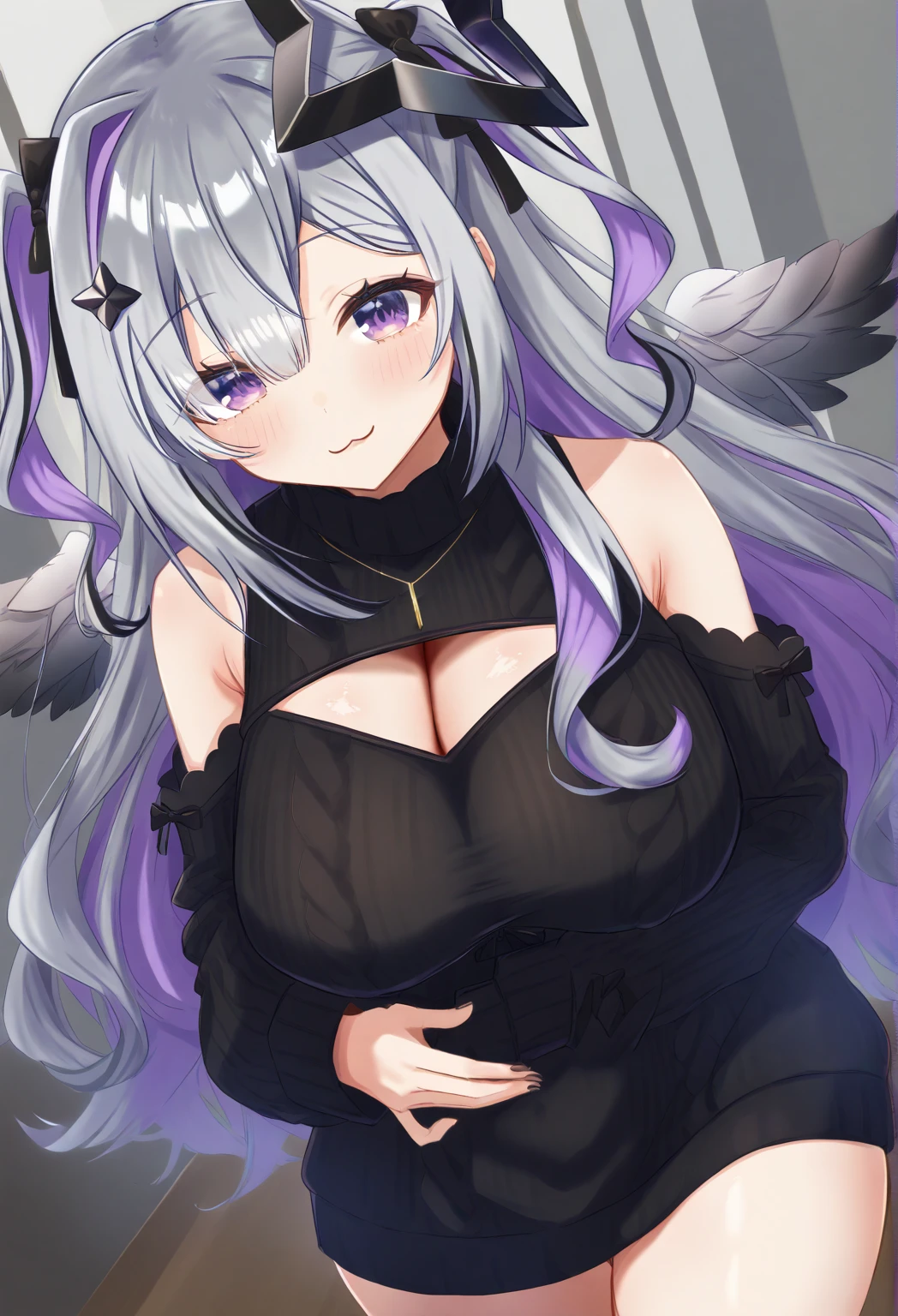16K,typhon \(arknights\), 1girl, long hair, very long hair, purple hair, sidelocks, drill hair, twin drills, red eyes), black hairband, horns, virgin killer sweater,blush,cleavege ,(((big breast))),leaning forward,((breast focus)), Huge breasts,Too big breasts,Too thick thighs,Inner thighs stick together, shiny skin,(((thick thighs))),ass pov