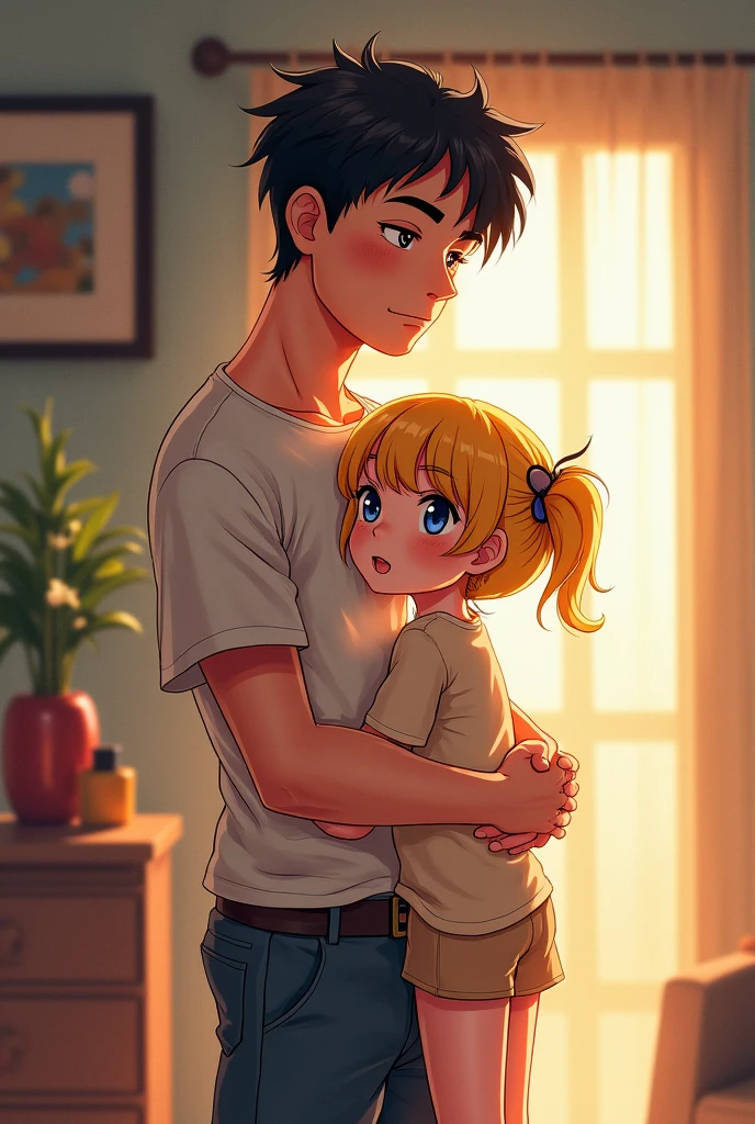 A heartwarming illustration featuring a father and his  daughter sharing a tender moment. The father, clean-shaven and wearing a casual shirt, is holding his daughter in his arms. They are cheek-to-cheek, both smiling warmly. The daughter, with a small bow in her hair and dressed in a simple, cute dress, is giggling with joy. The illustration is soft and warm, using pastel colors and gentle lines. The background has a serene and peaceful atmosphere, with golden sunlight softly filtering through. The overall vibe of the image is loving, tender, and full of affection