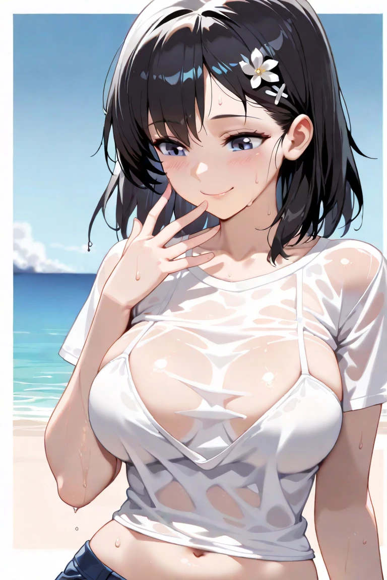 nsfw,  erotic women and boy:1.4, cowboy shot, 25-years old, (glad:1.3) , tan line, dynamic pose, exciting , on beach, ( struggle:1.4),(fighting :1.2), Vulgarity , Full breasts, {{huge-breasted}}}, Black hair, Blonde hair, Beige hair, humiliated, happy face, (glad:1.3), t-shirt, ( lifted up shirt:1.4),bare hip, ( slingshot swimwear:1.2 ),  , (Show breasts:1.2), [[[[[[ads]]]]]], breast feeding by man :1.8, the man licking her nipples:1.4, the man is out of frame:1.6