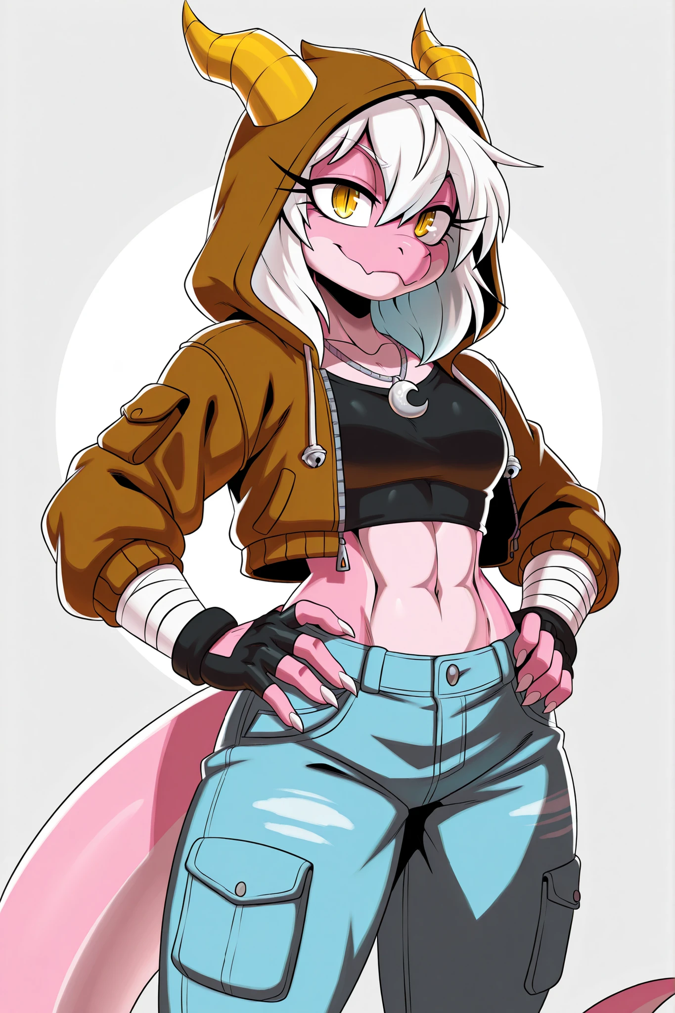 (solo), best quality, high resolution, absurdres, newest, BREAK, (plain white background), (adult), uploaded on danbooru, uploaded on e621, (by sssonic2:1.2), [by r-mk], (medium hair, straight white hair, hair between eyes, feathered bangs), (pink body, kobold, cute snout), (white-ish yellow horns), yellow eyes, (black slit pupils), (expressive eyes), (tomboy, badass, small smile), (brown waist jacket with hoodie), (black top), (jet black bell bottom pants), (fingerless gloves), (moon necklace), breasts, (crossed arms), [[barely visible abs]], [athletic build], ((tall height)),