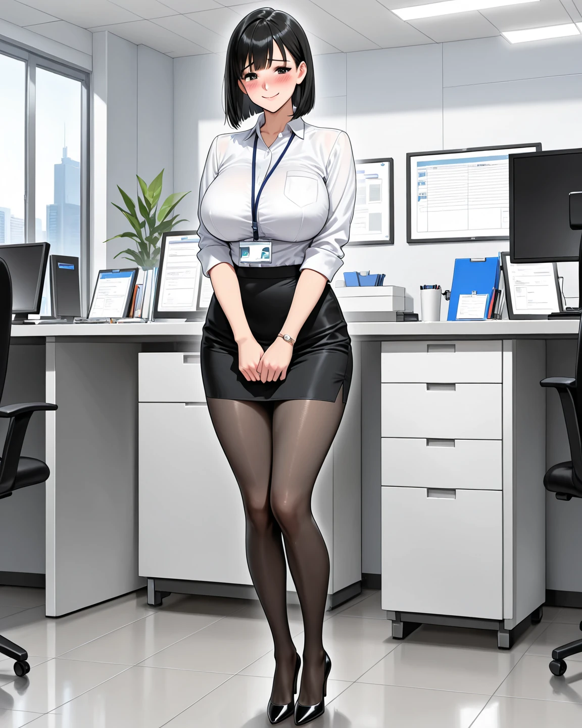 One Girl、positive、Standing posture、Full body portrait、Black Hair、Medium Haircut、blush、Absolute area、Black knee-high socks、Knee-length、stockings、Black Pantyhose、White underwear、Light blue shirt、Blue-gray business suit、Grey tight mini skirt、Japanese office lady、Summer clothes、office、Daytime、(Very large breasts)、Cleavage、open chest shirt、((Lesbians all over the world))、masterpiece、(highest quality)、
Panties around the ankles、Black high heels、Shirt buttons fly off