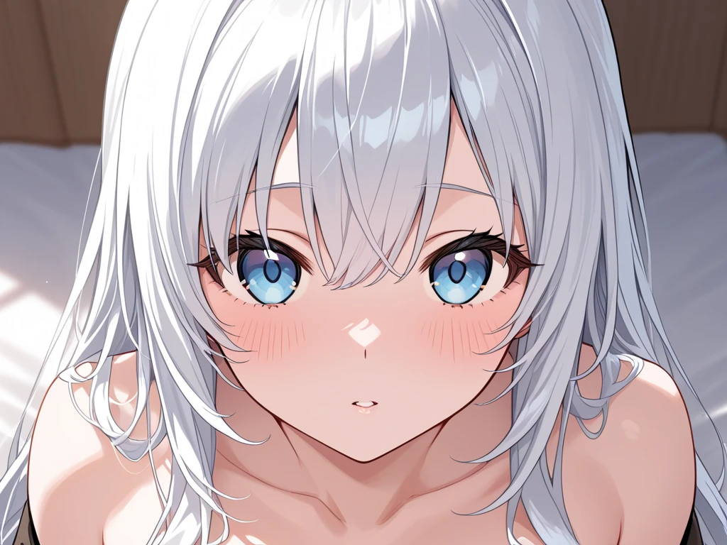1 Girl, NSFW, Nude, Naked, Nice Nipples, Nice Pussy, Nice Tits, Fully Nude, Medium Breasts, Blue Eyes, Heart Eyes, Platinum White Hair, Twin Tail Hair Style, Pale White Skin, Smooth Skin, Face Freckles, Nice Cleavage, Slutty, Sexy, Sassy, Smirking, Tease, Teasing, Close Up, Upper Body Shot, Teasing, Sexy Pose, Crawling Pose, Showing Ass, Ass Focus