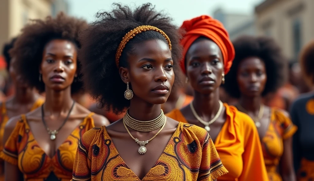 ,Generate an image of a black beautiful lady standing with her black beautiful lady like sisters with Afro African in a village sitting with people surrounding them