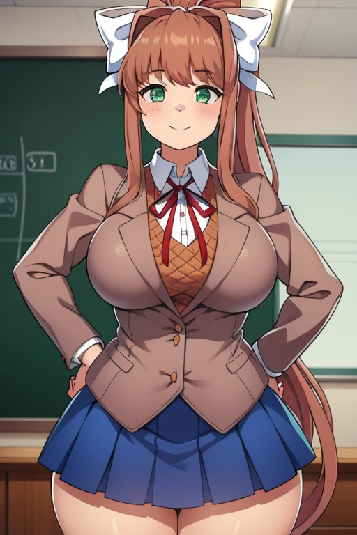 Masterpiece, high quality, best quality, beautiful, HD, perfect lighting, detailed face, detailed body, ultra cute face, cowboy shot 1.5, tuned to the side, ((1girl)), ((solo)), cute pose, (Monika),
brown hair, green eyes, very long hair, ponytail, (white bow), blazer, brown sweater, collared shirt, neck ribbon, blue skirt, school classroom, looking at viewer, (blush),
sweet smile, affectionate, nervous sweat, medium breasts, perky breasts, wide hips, ((thick thighs)), chubby, spoken heart,