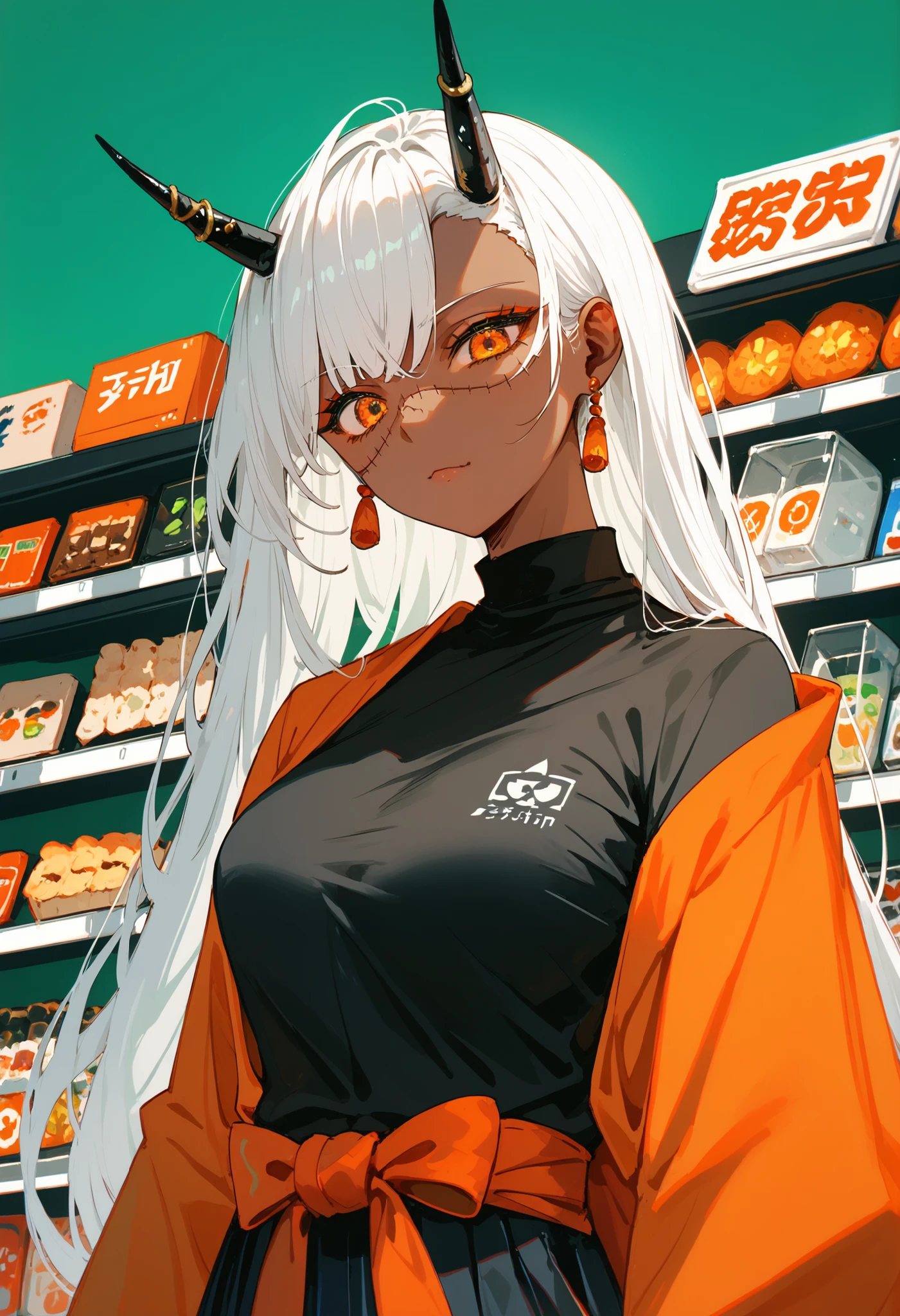 girl,white hair,Dark skin,In the orange eyes, black horn,long hair,Stitches,Orange kimono,black shirt,HAKAMA PANTS,,Fierce face,store bryster,Milf,Tall,cute,Slim legs,green background,,upper body shape,