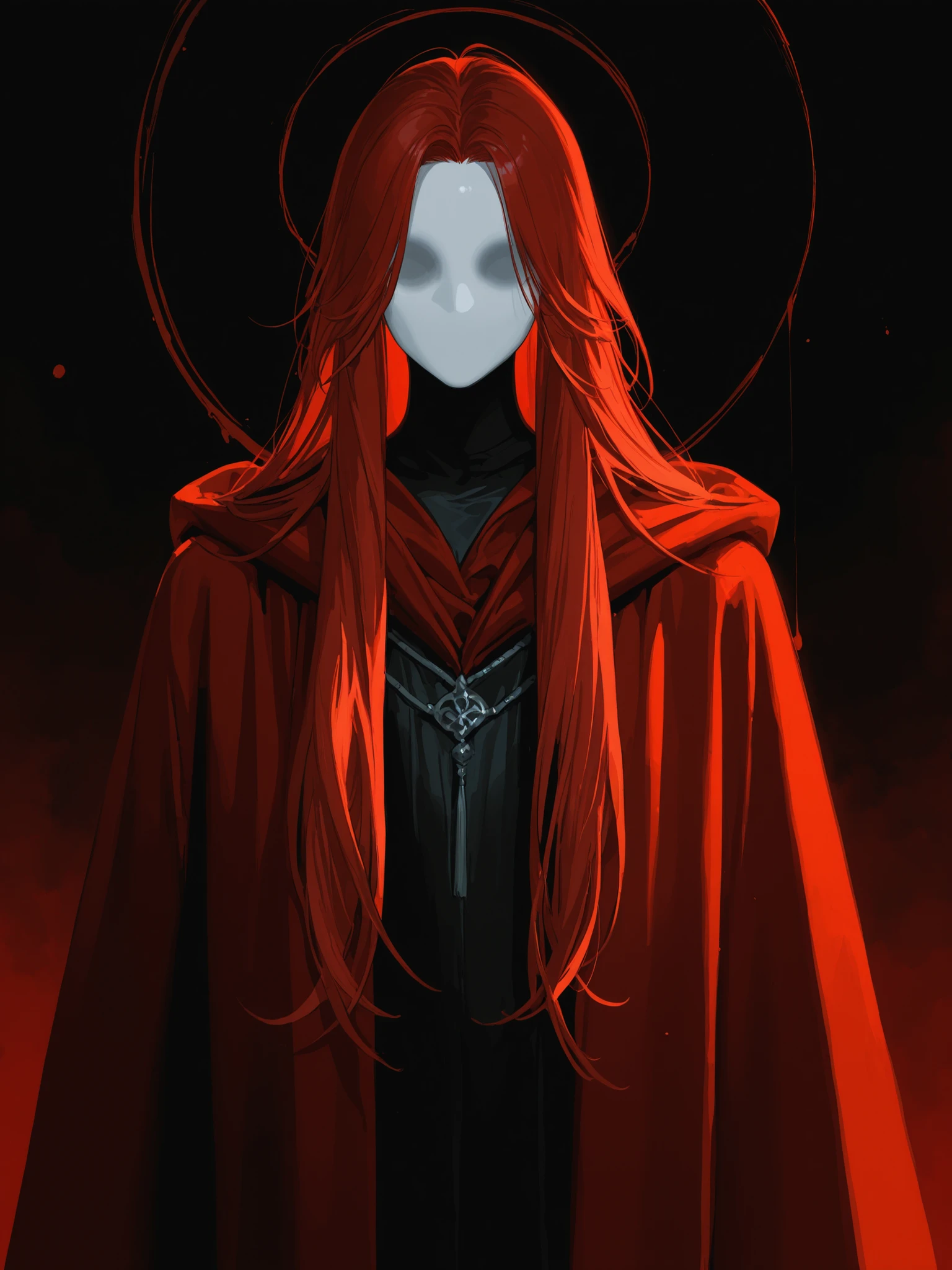 younger. loid ligma, No face, long red hair, darker skin, black and red robes.