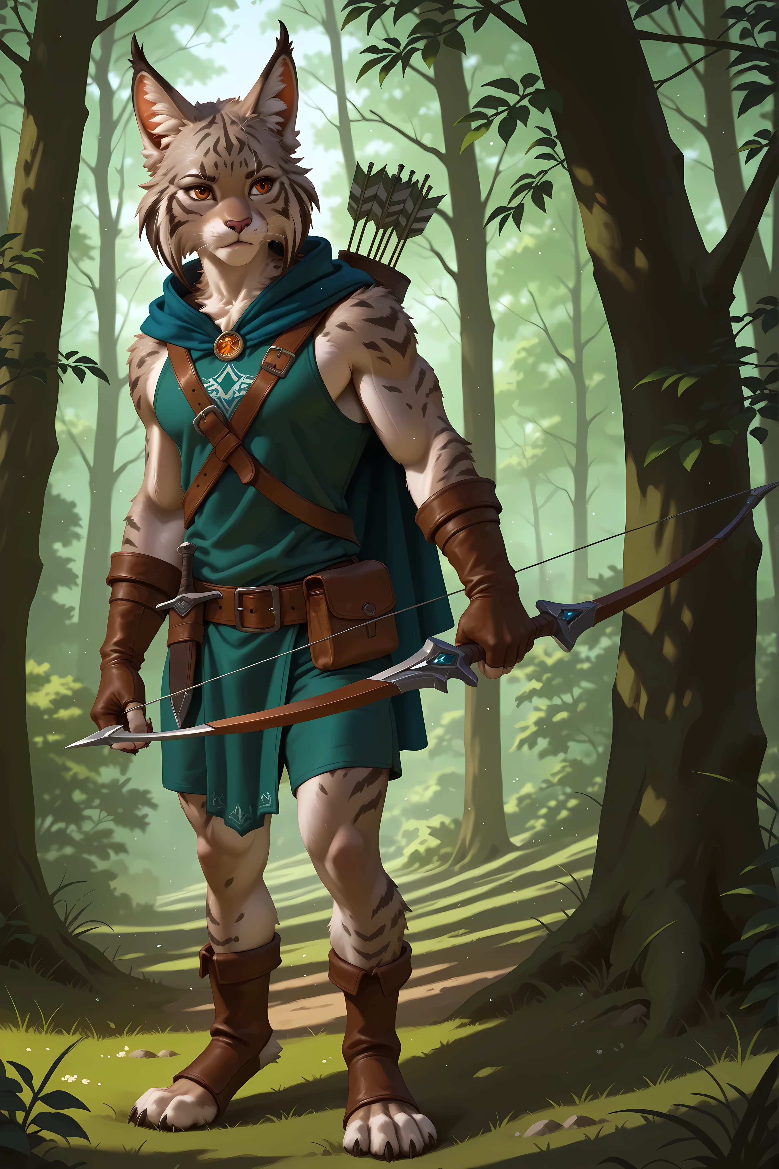 Anthropomorphic {{{male lynx}}} in a fantasy blue ranger's cloak, with a quiver of arrows on his back, with a dagger on his belt, stands with a wooden bow in his hands at full height among the woods with high detail, correct anatomy, symmetrical eyes, beast hands, beast feet, high resolution, 8k high resolution, digital art, realistic painting, {{{full body}}}, DnD character design, trending ArtStation, nature, {{{full shot}}}, symmetrical, Unreal 5, hyper realistic, fantasy art, best quality, very aesthetic, furry, realistic detail, realistic gray light fur, concept art,