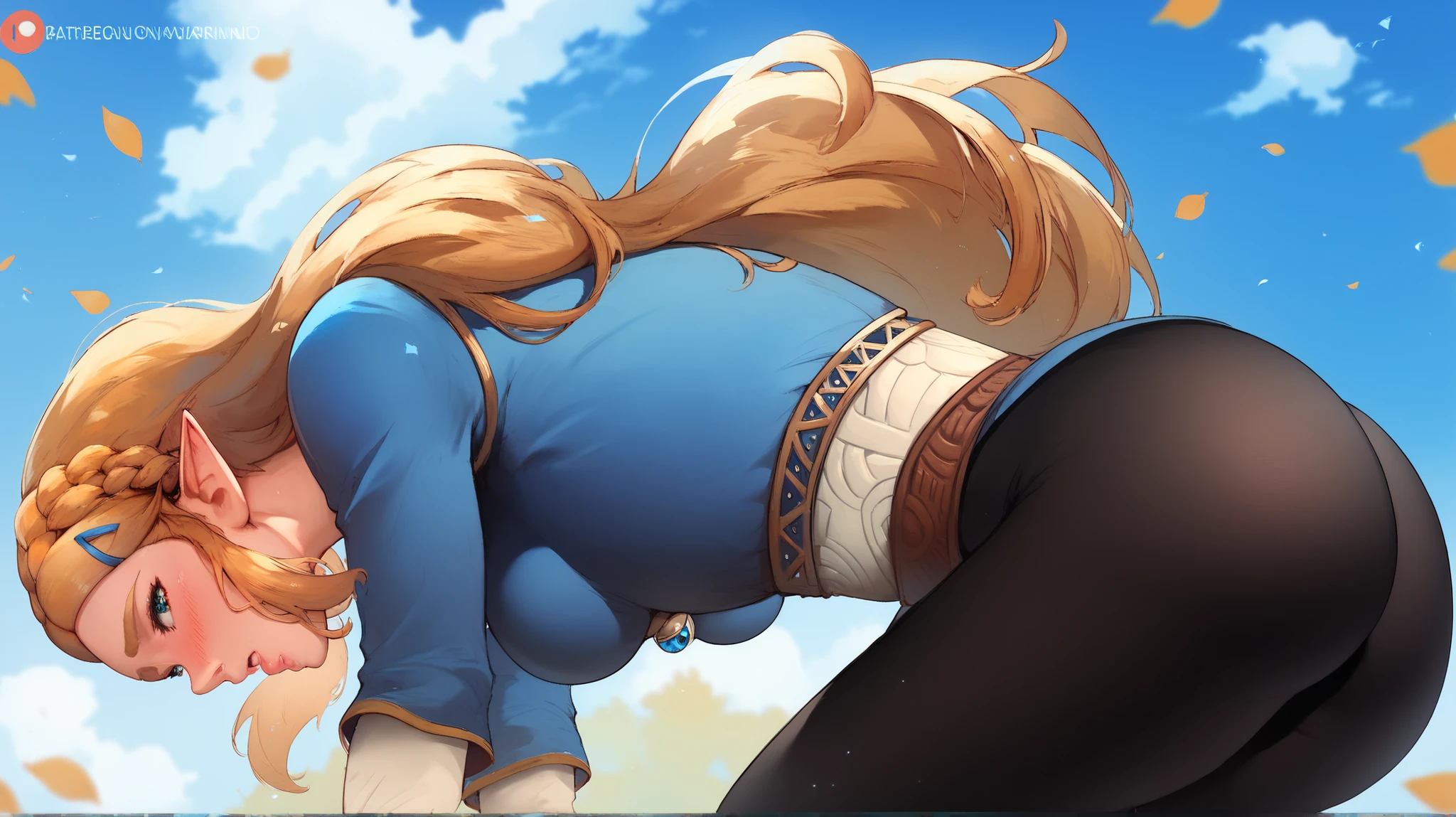High resolution, Anatomically correct , HD, zelda, blond hair , long hair, blue shirt, Black leggings, blush, shame, Desde atrás, Big Butt