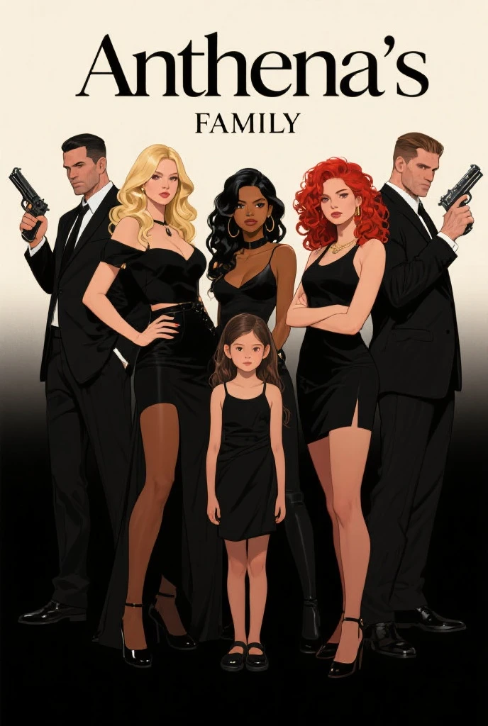 I want you to create a cover of 2 men and 5 women dressed in black but that are animated