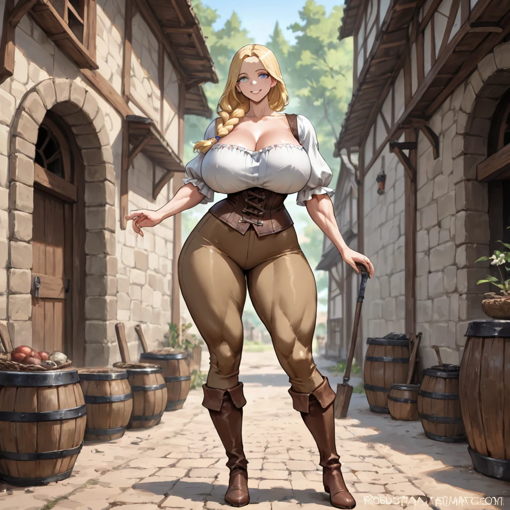 Medieval mercenary bimbo lady, mature woman, sexy, long straight blonde hair, hair covering one eye, big puffy bimbo lips, pouted lips, squinting eye, ((NSFW)), ((Full body)), ((gigantic breasts)), ((sagging breasts)), wide hips, thick thighs, huge ass, detailed background,