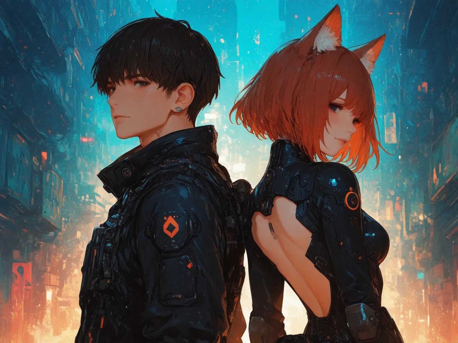 (masterpiece,best quality),a couple\(a cat-ear woman and normal human man\),the cat-ear woman\(cat-ear,fluffy ear,details of cat-ear,red-brown hair,big black eyes,gentle smile,simple persuit style costume\),the man\(male,black short hair,simple persuit style costume,gentle smile),from front,focus on the woman,stand,back-to-back,cyberpunk neon background,intricate art work,detailed illustration,hand written rough,calm moments ,