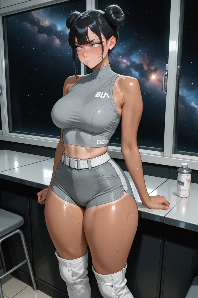 Woman body defined thick thighs cybernetic body parts, short underwear
