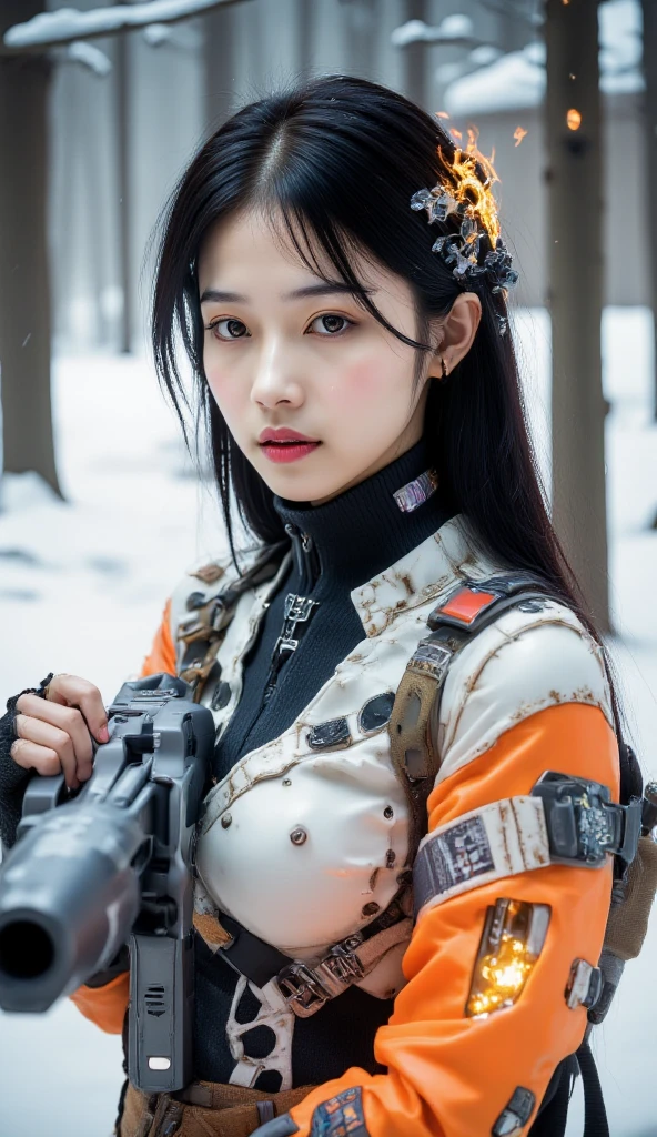 1 girl,mecha musume, mechanical parts, super robot joints, full armor,headgear, Hakodate: The winter night view of Hakodate is unforgettable. Overlooking from Mount Hakodate, the city lights flicker in the snow, like flames burning in the winter night sky.,Misty morning on a peaceful countryside farm, Resistance Base in the Crait system: In this base, members of the Resistance are preparing to evacuate in a tense atmosphere. Chaos and anxiety fill the air as fighters and equipment are quickly loaded onto transport ships, and faces are filled with determination and resolve.