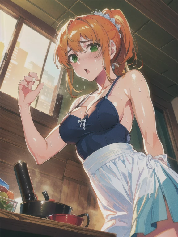 1girl in, 独奏, Yotsuba Nakano, orange color hair, Green bow tie, Hair ribbons, (barechested:1.2), (Green apron),, cleavage of the breast, thighs thighs thighs thighs, Cafe Background, Ecstatic smile, (red blush:1.1),White tights