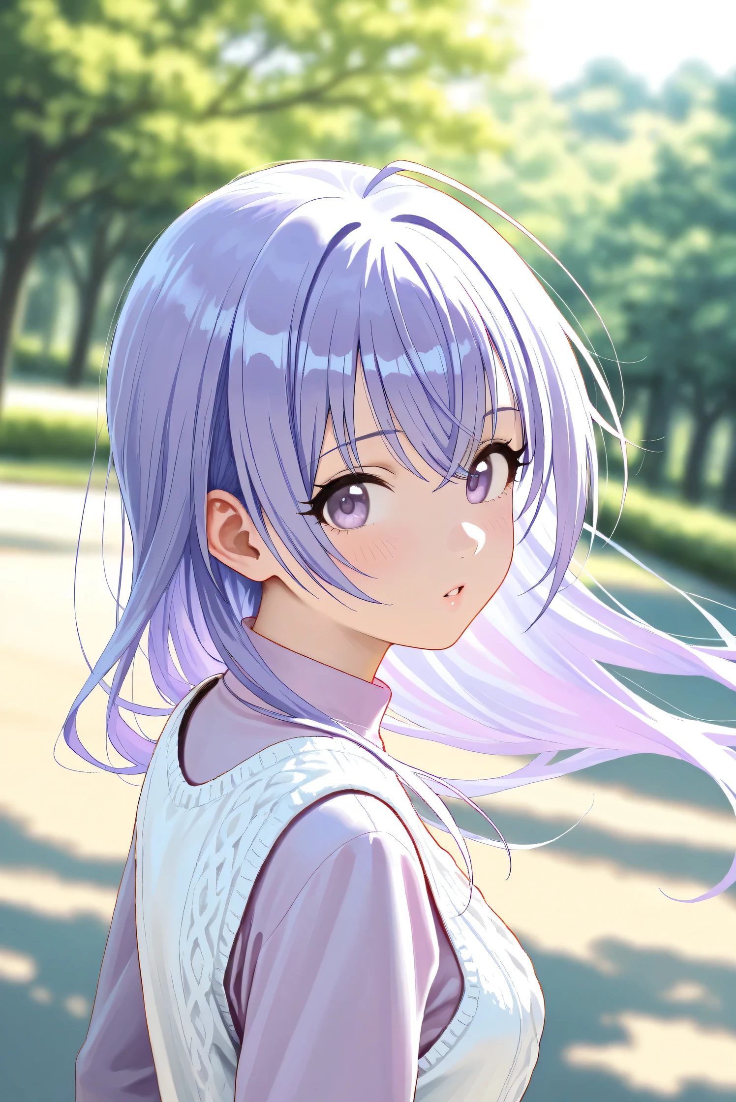 (Masterpiece), (Highest quality), (Very detailed), 
(The best shape), (Best Shadow), (Absurd), 
(Detailed background), (So beautiful), Shiny , 
Extraordinary, Countershading, 8k, 32K, High resolution, Beautiful eyes in every detail,
Very Detailed CG, UHD,

Score_9, Score_8_up, Score_7_up, Source_anime, 
(Pastel painting:1.2), (Watercolor painting:1.2),
(Masterpiece, Detailed:1.2), (Foreshortening:1.2),

Cinematic, Dramatic, (Depth of field:1.4),
(Blurry background:1.4), (Realistic background:1.4),
(Foreshortening:1.3),Dynamic angle, 1 girl,
Outdoor, Nature, Park, Wind,

Suzuki Hana,
The idolmaster shiny colors,
hana suzuki, purple hair, purple eyes, long hair,

(Casual wear:1.3),
vest, white vest, Wool knit vest,
(High neck shirt:1.1), light purple shirt, long sleeves shirt,

portrait, Focus on face, close up shot,
(Blush:1.3), parted lips, looking at viewer,
looking back,
Realistic skin, Shiny skin,