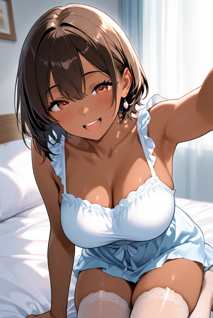 (masterpiece), (Highest quality), Perfect Eyes, Perfect Face, Volumetric lighting, One girl, Mature Woman, lingerie, smile, Blushing, Sweat, Huge breasts, Thick body, Bedroom.