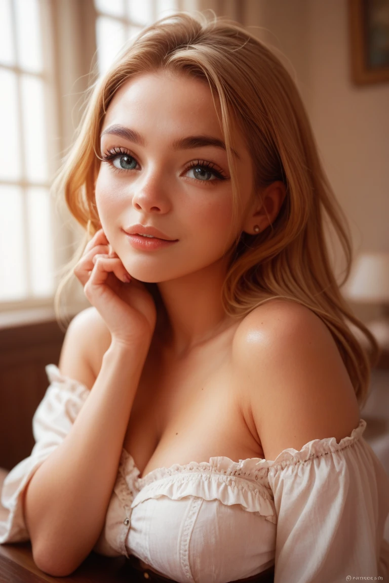 Make a blonde woman, most beautiful in the world without any sin, with an innocent face but a perverted mind, wanting me so much (portraite)