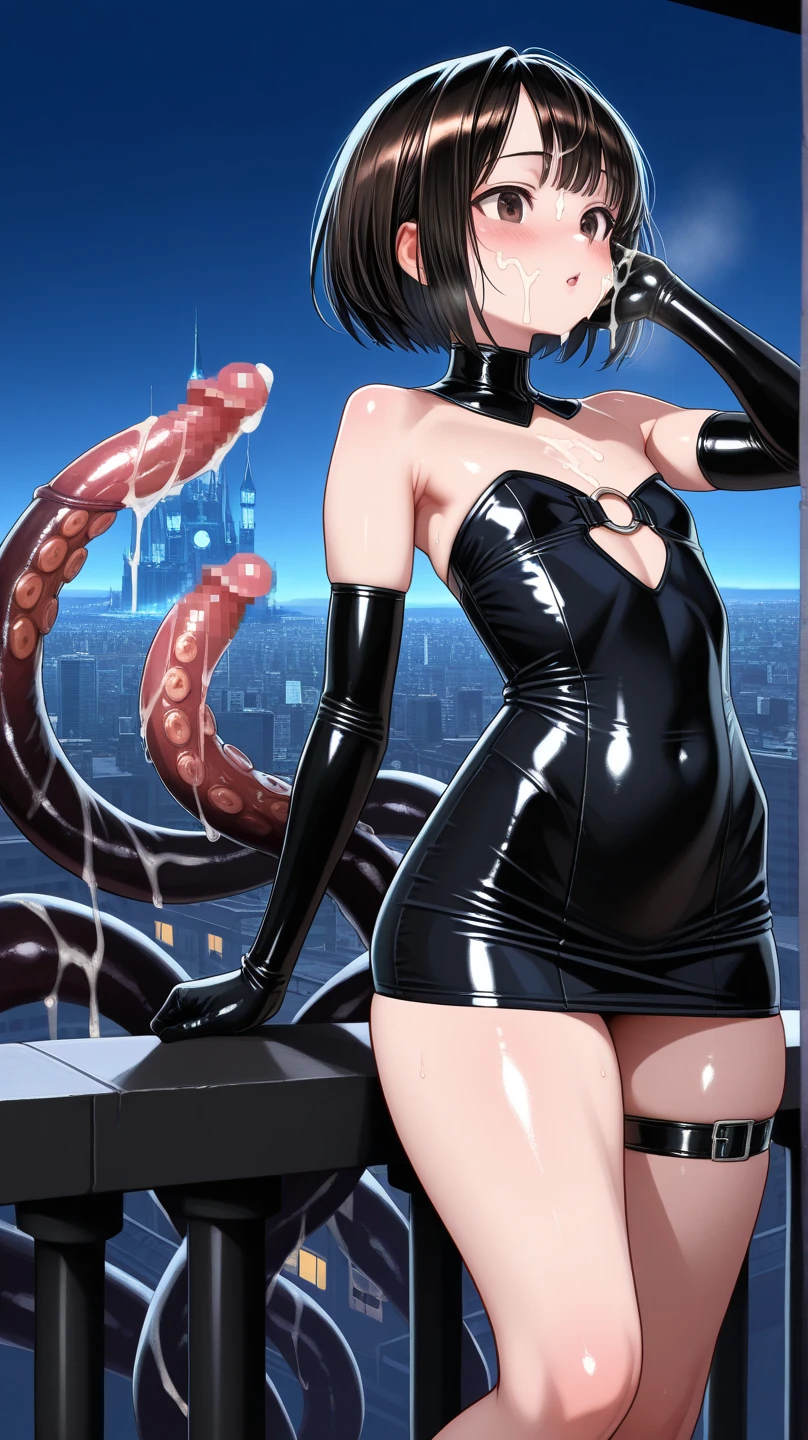 (top-quality: 1.3), (masterpiece: 1.3), (Super Detail: 1.3), (wall-paper, one girls: 1.1)、(Detailed hands and fingers:1.2)、(Detailed ultra-oily shiny skin:1.1)、(Torn black full body rubber suit:1.5)、Brown hair、a short bob、Beautiful sister、(Buildings:1.2)、nighttime scene、(Beautiful Large Breasts:1.3) 、sexypose、Open legs、Mouth is open、(Crying face:1.2)、Writhing face、Face to feel、I feel good、Drooling、Surrounded by countless tentacles、Tentacles entangled in the body、tentacles tangled in both hands、tentacles tangled in both legs、(Tentacles penetrate the inside of the rubber suit:1.4)、Hands raised up、Open legs、tentacles wrapped around the chest、(Tentacles touching the crotch:1.3)、(Tentacles invading the crotch:1.3)、Tentacles tear the rubber suit、(NSFW:1.3)、Expose the vagina 、Expose nipple、Tentacles touch the nipples、(Tentacles are inserted into the vagina :1.4)、(Squirting:1.2)