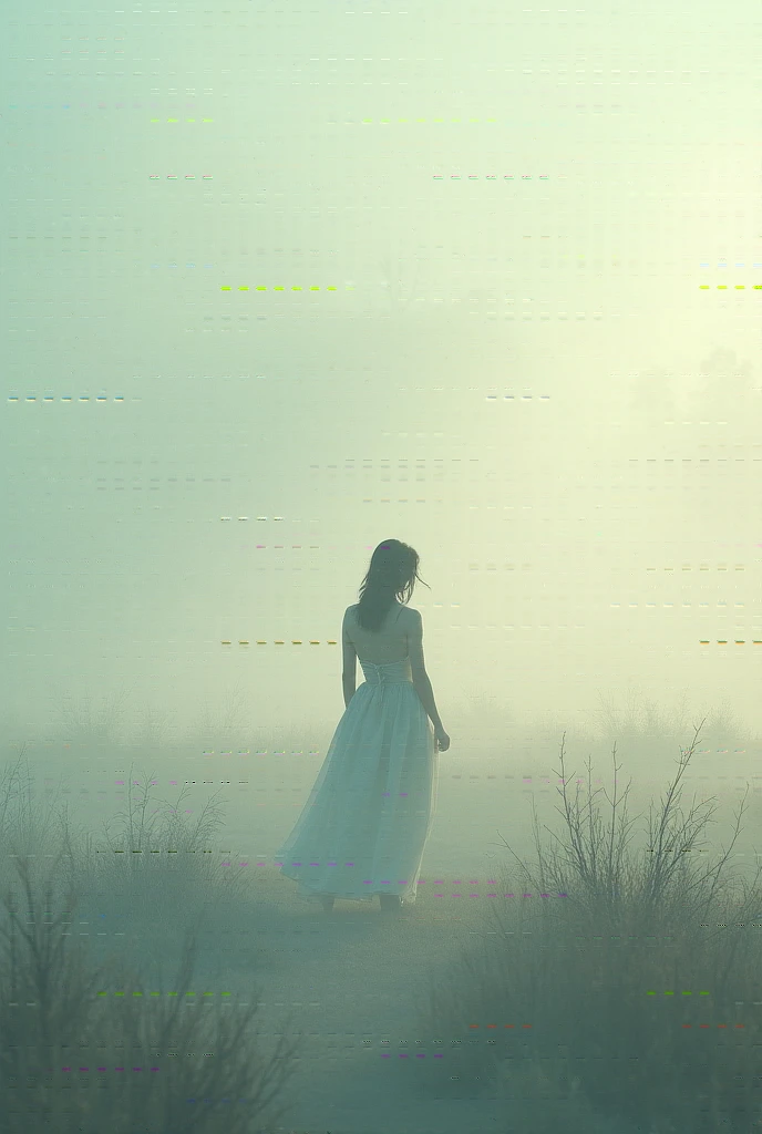 The blurred silhouette of a woman in a white dress appears on the side of the road.