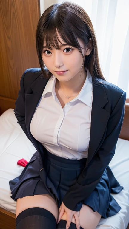 Best Quality, japanaese girl, 8K, Raw photo, top-notch quality, 1 beautiful Japanese girl, 18 years old,Japanese Idol, gals、poneyTail、Tempting smile、Fluttering chest、tits out、Cleavage of、Emphasize、Overflow from uniform、Large breasts, (Sitting on the bed:1.1), (School uniform), (Spread legs:1.2),(Dim hotel room background:1.1)、Night time、lascivious、ssex、