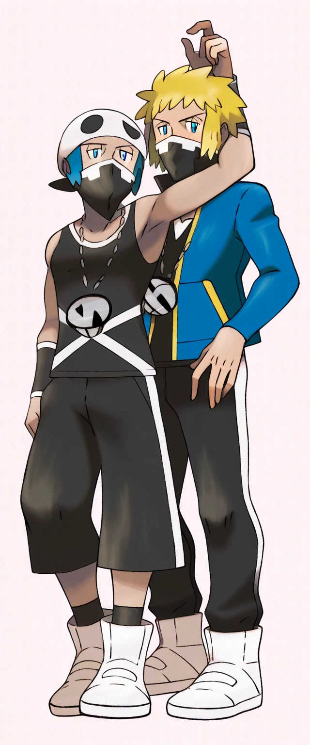  Pokemon Anime Style. Two men together. Volkner (Pokemon) blonde hair, blue eyes, short hair, sidelocks
jacket, blue jacket, long sleeves, black shirt, pants and Team_Skull_Grunt_M, Beanie, Mask, Necklace, Black tank top, Black mini shortd extremely small, Sneakers, Forearm jewelry, Black socks, 
