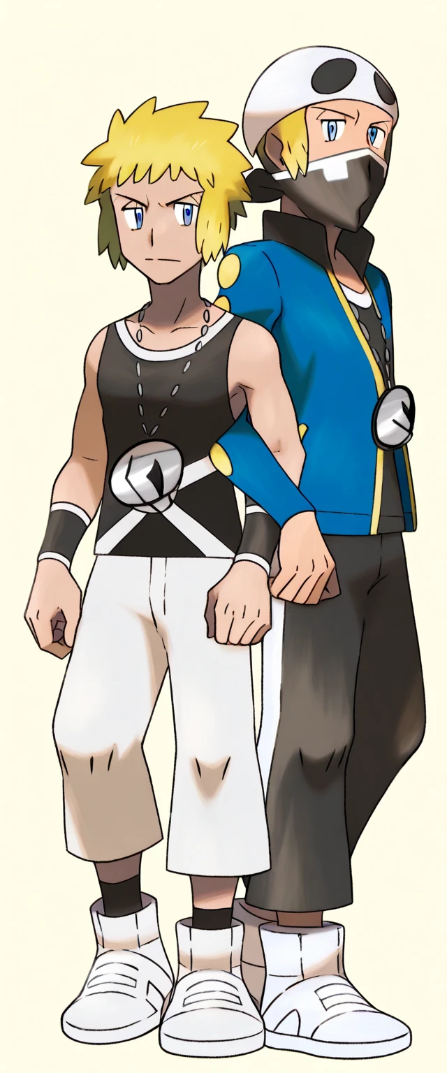  Pokemon Anime Style. Two men together. Volkner (Pokemon) blonde hair, blue eyes, short hair, sidelocks
jacket, blue jacket, long sleeves, black shirt, pants and Team_Skull_Grunt_M, Beanie, Mask, Necklace, Black tank top, Black mini shortd extremely small, Sneakers, Forearm jewelry, Black socks, 