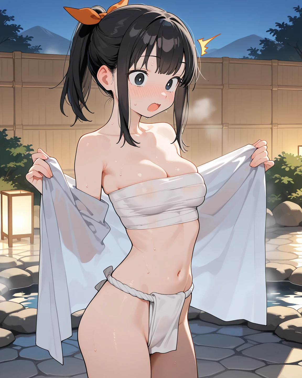 Topless girl in fundoshi crucified, crucifixion, bondage, Village street, bondage, crucifixion, slave, humiliation, nipple lactation, milk, milking,  nipple stimulation, White liquid coming out of nipple, bondage, White liquid driping from nipple, full body