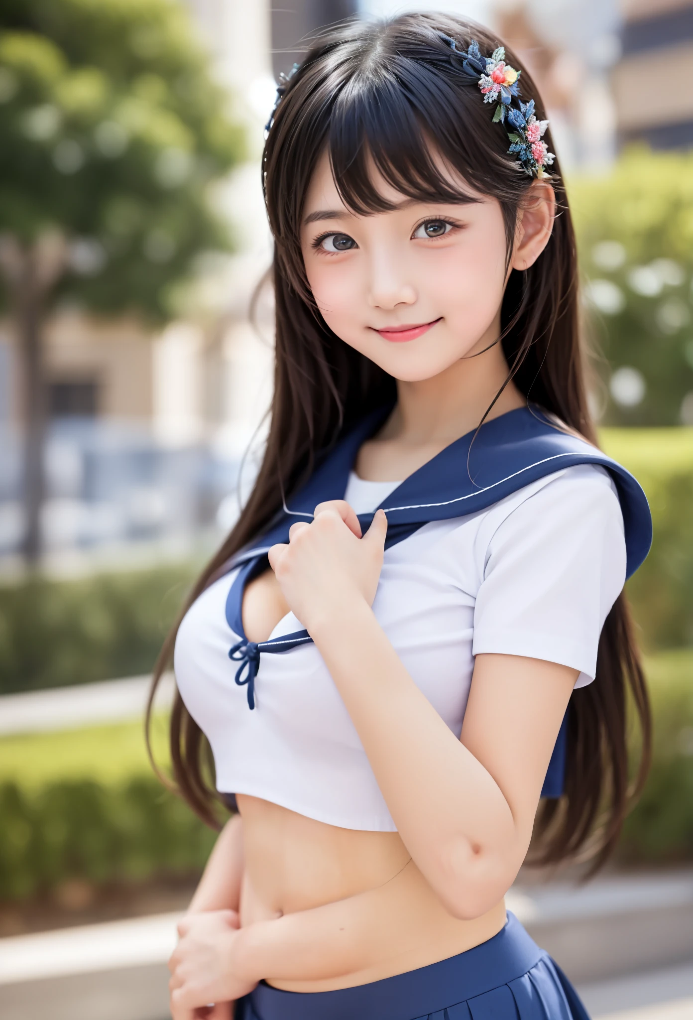 masterpiece,Highest Quality,Super Detail,8K,Many moored battleships in the background,1 pretty girl,Baby-Faced Girl,I'm blushing my cheeks and smiling shyly softly,Black Hair Semi-long Hair,perfect face,perfect body,detailed eyes,Beautifully flowing hair ,Perfect fingers,ring on the ring finger of a girl's left hand,medium ,beautiful breasts,sailor suit,My stomach is exposed and my belly button is visible, dark blue short pleated skirt ,seductive thighs,Her skirt is swaying in the wind,Skirt Flip,