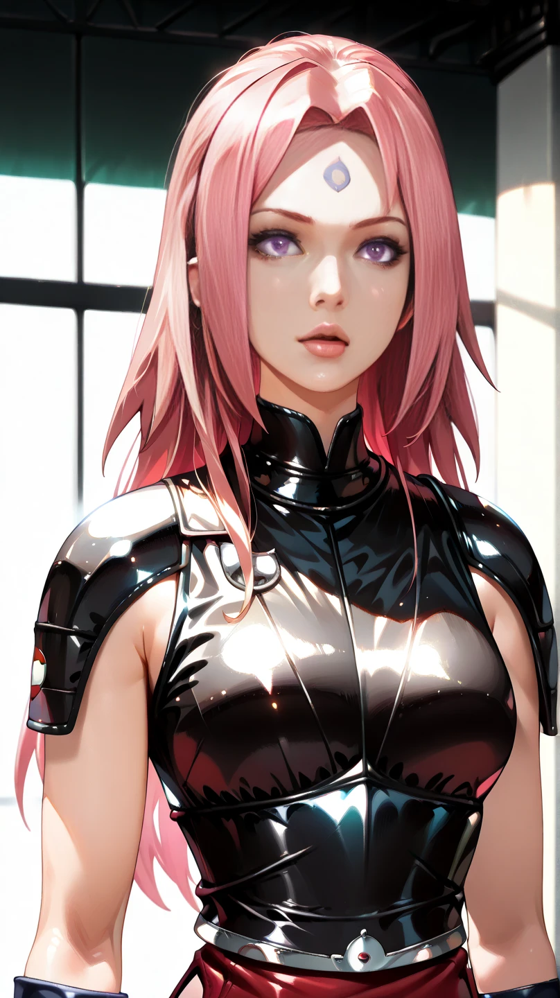 (((cabelo curto,cabelo rosa,Black leather tights suit,Roupas de couro preto,Black latex clothing,(((Dania,Sakura,olhos verdes,franja,protetor de testa, shinobi symbol, ))),(((quadris largos))),Corpo em forma de S:1.7))),((obra de arte)),high resolution, ((Best qualidade at best)),obra de arte,qualidade,Best qualidade,((( exquisite facial features,looking at the audience,There is light in the eyes,lol,trust ))),(((Light and shadow intertwined,enorme ))),(((close-up de meio comprimento,Uma foto de meio corpo em close)))panties and bra full body standing