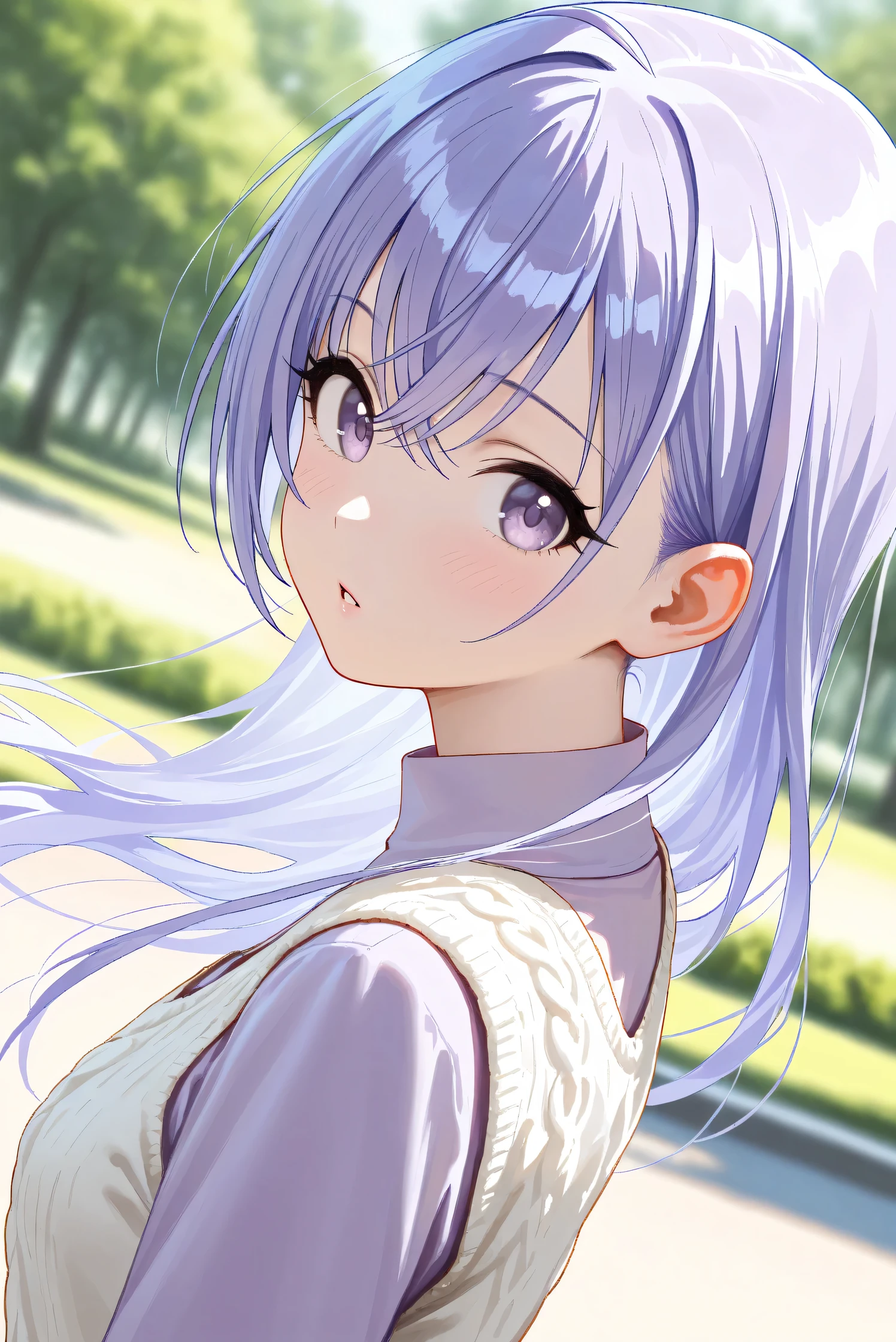 (Masterpiece), (Highest quality), (Very detailed),
(The best shape), (Best Shadow), (Absurd),
(Detailed background), (So beautiful), Shiny ,
Extraordinary, Countershading, 8k, 32K, High resolution, Beautiful eyes in every detail,
Very Detailed CG, UHD,
Score_9, Score_8_up, Score_7_up, Source_anime,
(Pastel painting:1.2), (Watercolor painting:1.2),
(Masterpiece, Detailed:1.2), (Foreshortening:1.2),
Cinematic, Dramatic, (Depth of field:1.4),
(Blurry background:1.4), (Realistic background:1.4),
(Foreshortening:1.3),Dynamic angle, 1 girl,
Outdoor, Nature, Park, Wind,
Suzuki Hana,
The idolmaster shiny colors,
hana suzuki, purple hair, purple eyes, long hair,
(Casual wear:1.3),
vest, white vest, Wool knit vest,
(High neck shirt:1.1), light purple shirt, long sleeves shirt,
portrait, Focus on face, close up shot,
(Blush:1.3), parted lips, looking at viewer,
looking back,
Realistic skin, Shiny skin,