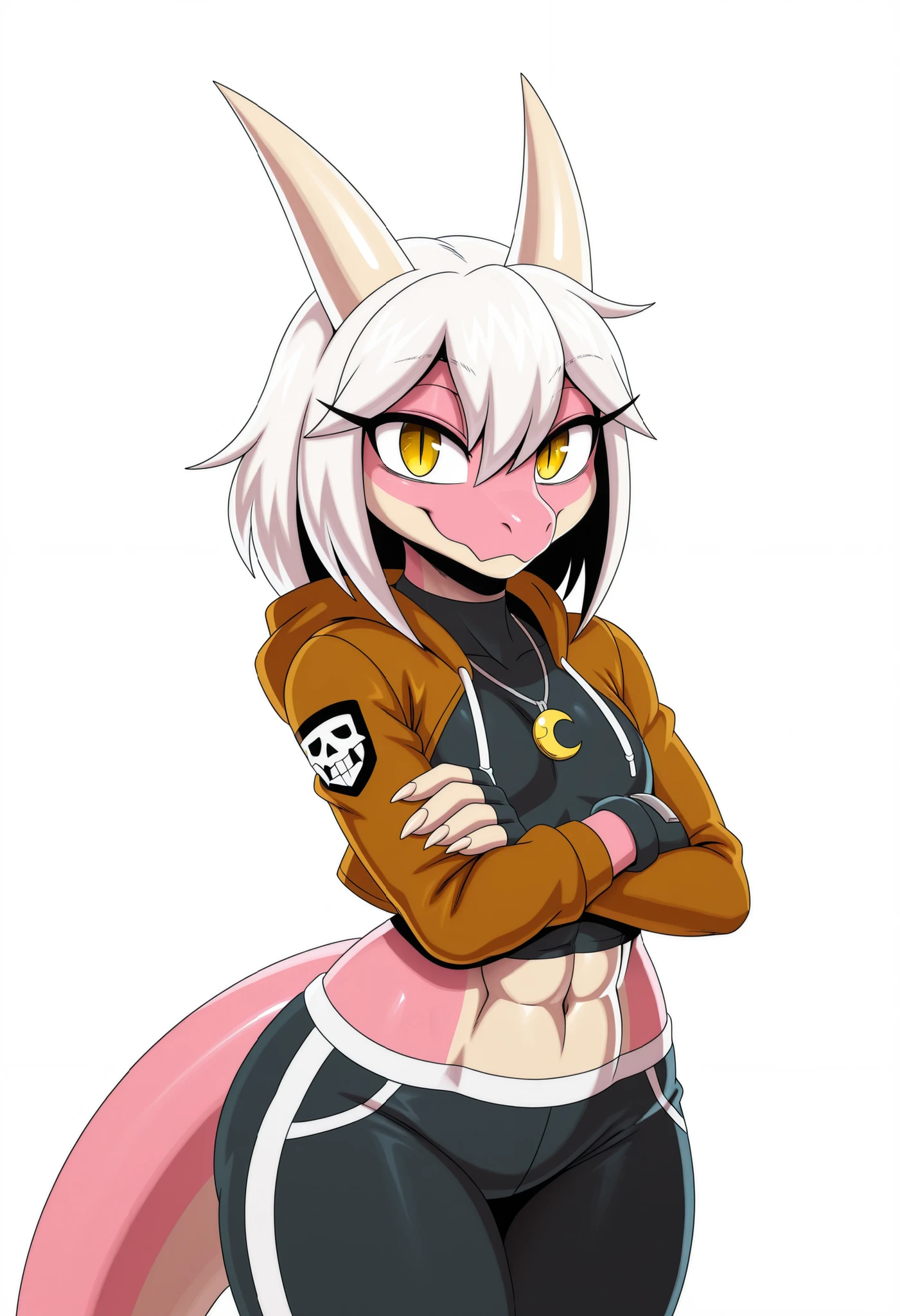 (solo), best quality, high resolution, absurdres, newest, BREAK, (plain white background), (adult), uploaded on danbooru, uploaded on e621, (by sssonic2:1.2), [by r-mk], (medium hair, straight white hair, hair between eyes, feathered bangs), (pink body, kobold, cute snout), (white-ish yellow horns), yellow eyes, (black slit pupils), (expressive eyes), (tomboy, badass, small smile), (brown waist jacket with hoodie), (black top), (jet black bell bottom pants), (fingerless gloves), (moon necklace), breasts, (crossed arms), [[barely visible abs]], [athletic build], ((tall height)),