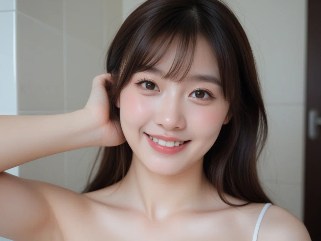 (((smile、Focus on the eyes:1.1、Extremely detailed:1.22、Ultra-high resolution、masterpiece:1.45、Highest quality)))、((((Whole body expression:1.68、camisole、Leaning forward、One person))))、long, straight black hair、So that every single hair is clearly visible、The subtle color changes of hair depending on how the light hits it、 Skin has a natural glow、Fine skin texture、Representing the fine details of pores:1.25、Details of the light redness on the forehead and cheeks、(((Eyes with fine iris details、The eyes depict color gradations and patterns.、Long, natural-looking eyelashes, each and every one visible、Well-groomed eyebrows、眉毛のindivual々The hair is clearly visible、Light reflecting off into the eye、The light in the eyes creates small highlights)))、The nose is delicate、Fine detail on the nostrils、Lips are plump and naturally pink、Depicts the fine lines and soft curves of the lips、lips are shiny and、The gloss on your lips accentuates their shape.、(((Detailed depiction of lip texture、Particular attention to the depiction of light and shadow、Soft natural light gently illuminates the face from the front、A faint glow on the forehead、A slight shine on the nose、A slight glow on the cheeks、Shadows are cast softly along the contours of the face、Accentuate the sides of your cheekbones、Accentuate the sides of the jawline、Emphasize the sides of the nose、The gloss on her lips reflects the light faintly、Lips emphasize the plump texture、The shadow of the hair gives depth and dimension、indivual々The hair shines in the light、