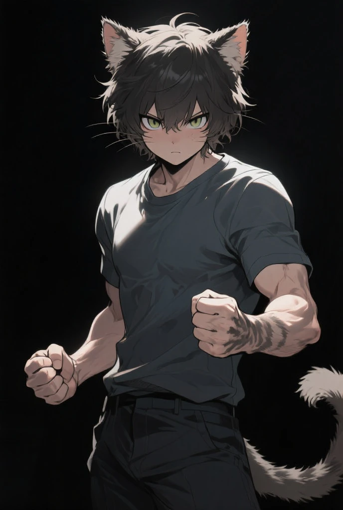 1boy, grey hair-yellow gradient, green eyes, bangs, ahoge, spiky hair, short hair, big body, muscle body, white skin, ikemen face, many scars on his body, wolf ears, wolf tail, black shirt, fight pose, orange auras