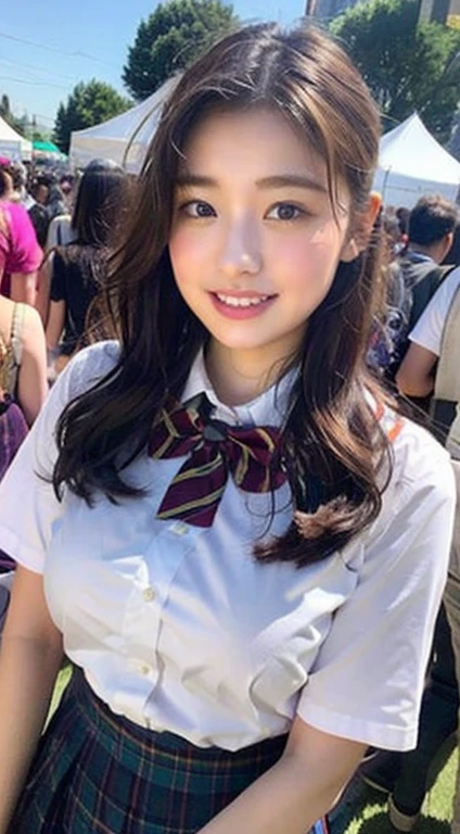Raw photo、Ultra-realistic、Ultra detailed face、Detail lips、Detailed eyes、High school girl smiling showing her teeth、Long Hair:1.1、chest、Visible curves、Laughing with your mouth open 、Tokyo city角、 Whole body、( Slender body)、(Long Hair)、Big Breasts、Idol、(pastel colour)、18-year-old、Small face、Braid、 Tokyo city、Long beautiful legs 1.2、Curved waist、flower、uniform