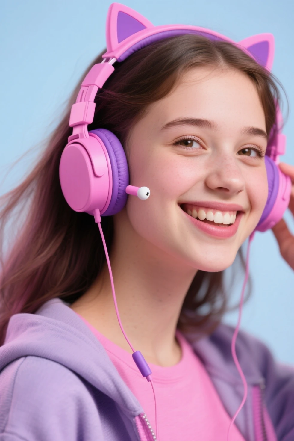 DISCMAN , CHILD GIRL BLONDE LONG HAIR, Headphone, fundo roxo,