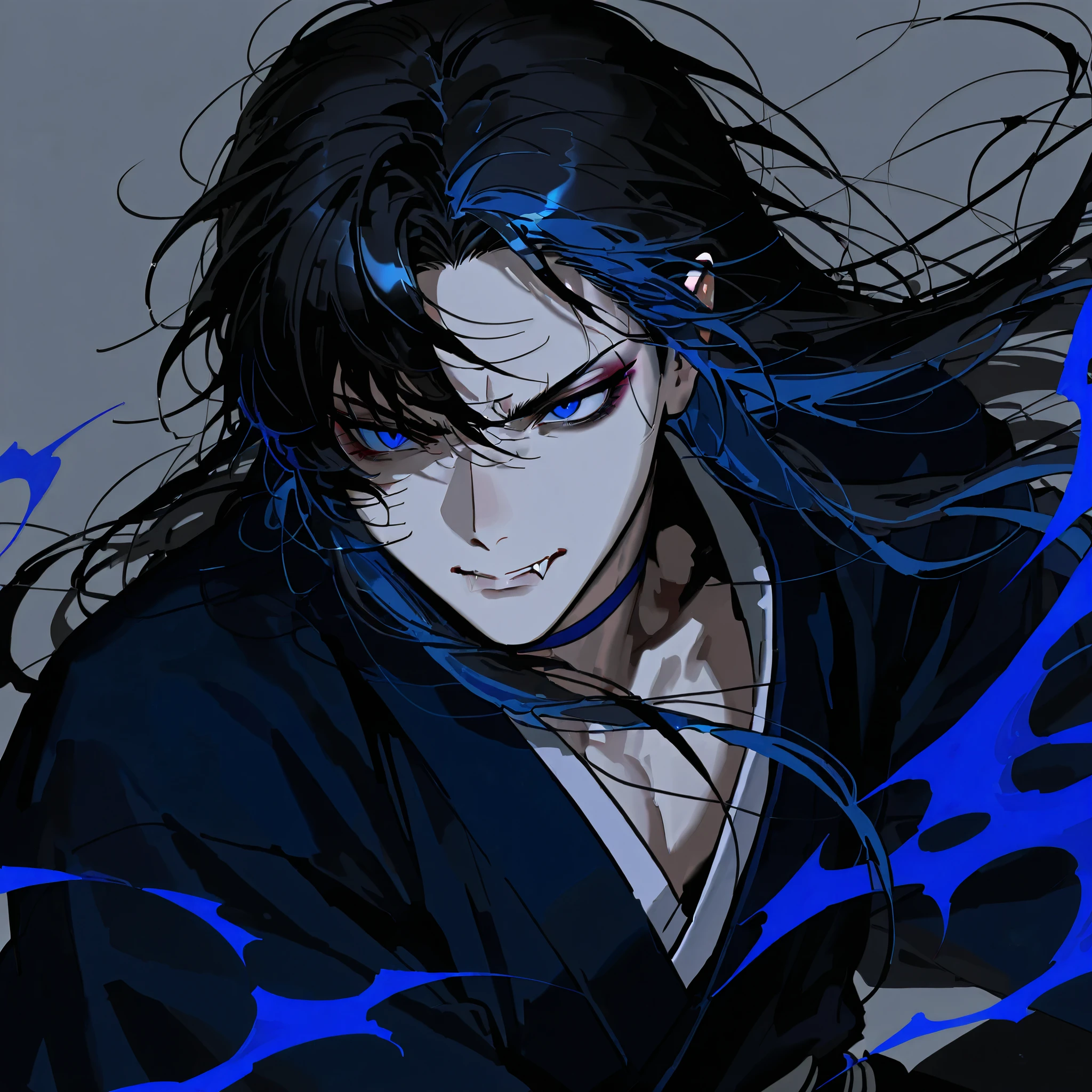 master masterpiece, 4k, highly detailed, 1boy, male, solo male, long hair, black hair, black and blue color, multicolor hair, slender body, korean, vampire, fang, kimono, prince, empreror, ornament, k idol, dynamic pose, serious, serious expresion, diplomatic, diplomatic smile, calm, korean male fashion, jimin, sharp look