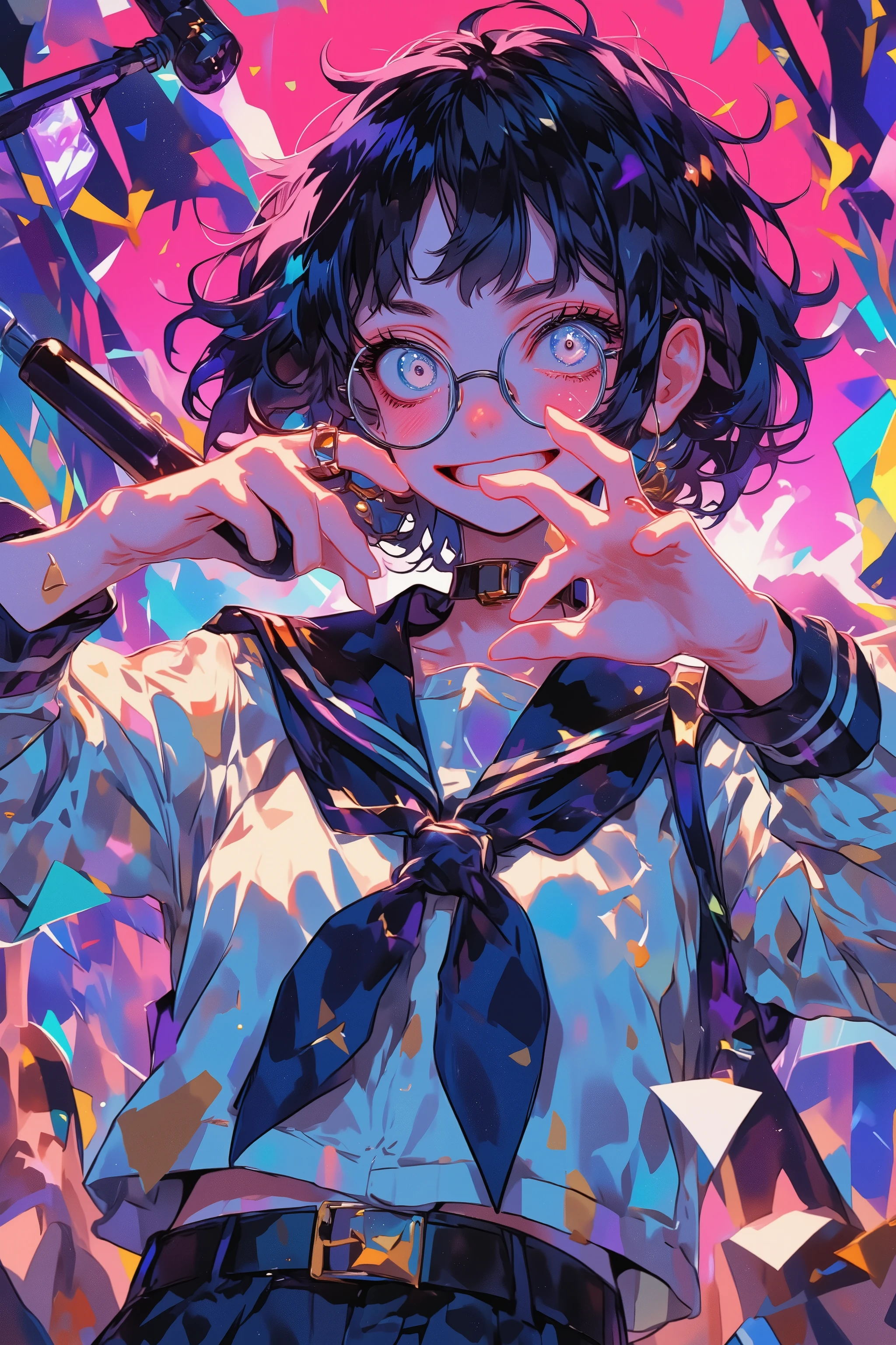 A dynamic and rebellious live concert scene featuring a sharp-eyed young female performer with short messy black hair, loose fluffy fringe covering her forehead, uneven layers, slightly tousled and rough silhouette, playful and wild hairstyle. She wears round glasses and a light blue sailor-style school uniform, the sleeves slightly crumpled for a casual touch. She strikes a bold, mischievous "OK" gesture near her face while gripping a microphone with her other hand. Her mischievous playful expression, sharp mischievous eyes, slightly cross-eyed gaze, bold confident look, and strong eye outlines radiate a cocky, self-assured charisma. The camera angle is slightly low, emphasizing her dominant stage presence over a vibrant, cheering crowd. The background explodes with vivid neon lights in pink, blue, purple, and gold, with colorful confetti raining through the air. Anime-style illustration with crisp dynamic lineart, vivid glowing effects, slight cinematic contrast, and a wild, energetic festival mood.