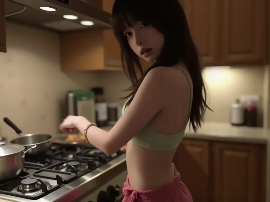 Han So Hee nude with nipple open in the kitchen