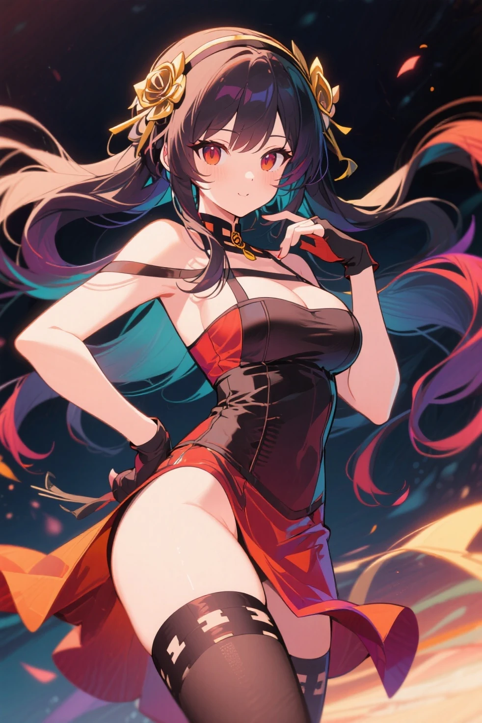 (masterpiece, highest quality, Official Art:1.2),(colorful),Looking at the audience,1 girl, I wore it, alone, floating colorful water、Black Hair、Long Hair、bangs、Perfect Proportions、Perfect beauty、Big Breasts