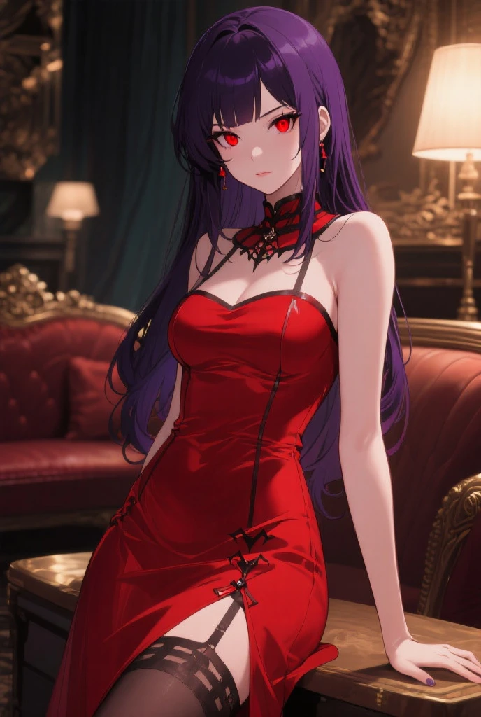 (Masterpiece), Best Quality, expressive eyes, a perfect face, 1 girl, Alone, purple hair, Brown eyes, Little mom, SMILE, blush, long dress, loose dress, wide dress at the bottom, Red dress, dance room dress, dance room, long red gloves, go down the stairs, holds the dress, look at the viewer, inside, dark lighting, chandelier light