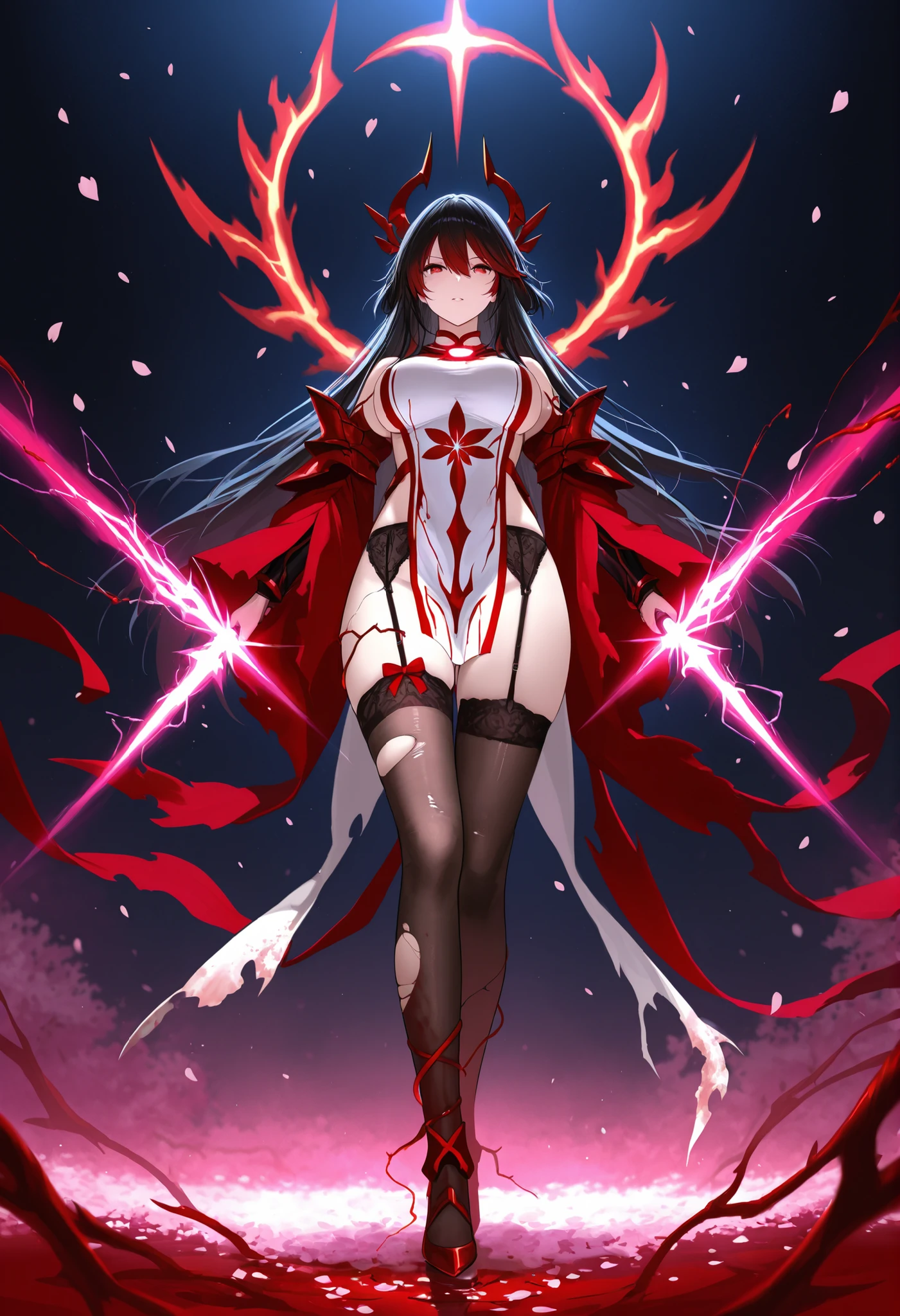 A battle-scarred deity stands atop cherry blossom petals, her armored thigh-high stockings cracked but still glowing with divine energy. Blood-red ribbons coil around her legs like living vines, and her torn tabard reveals a garter belt forged from sacred steel