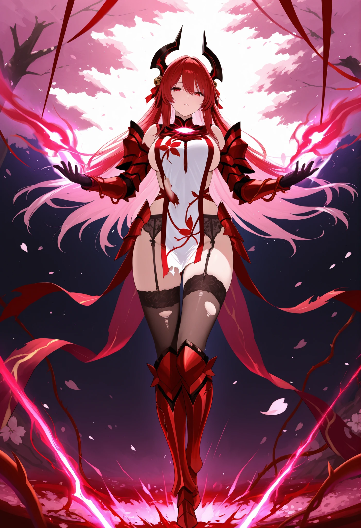 A battle-scarred deity stands atop cherry blossom petals, her armored thigh-high stockings cracked but still glowing with divine energy. Blood-red ribbons coil around her legs like living vines, and her torn tabard reveals a garter belt forged from sacred steel