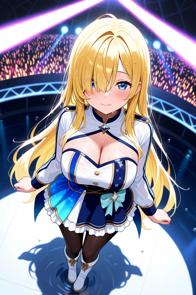 KAGAMINE RIN, long HAIR, BOW, blonde hair., large breasts,, Live Stage, , solo, ,nipple,