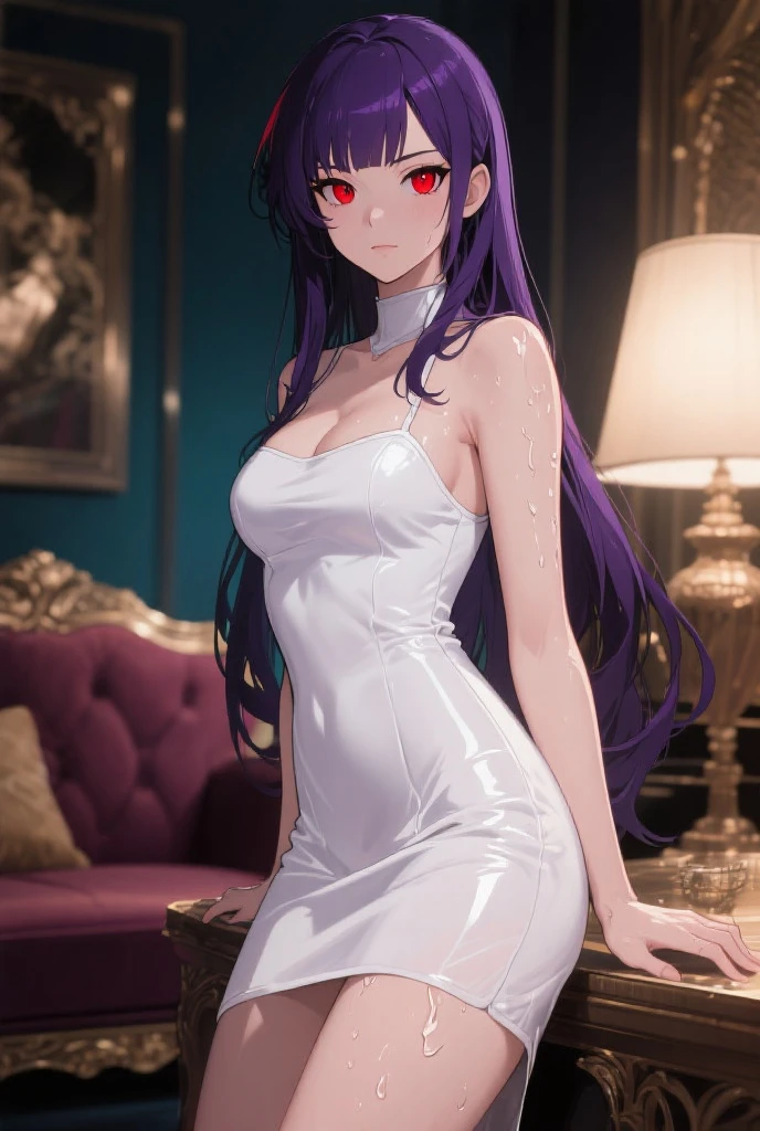 MMD,(masterpiece, best quality:1.2),1 girl,alone,purple eyes,long hair,jewelry,earrings,looking at the audience,flower,skirt,hat flower,white skirt,indoors,Bangs,hair between eyes,Smile,